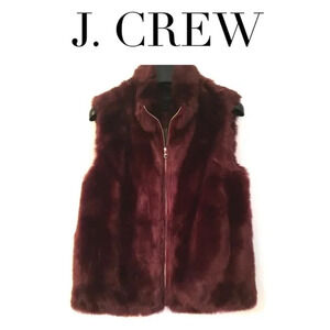 J.Crew Faux Fur Vest Vivid Burgundy Sz Small Glam Full Zip Pockets Lined Preppy